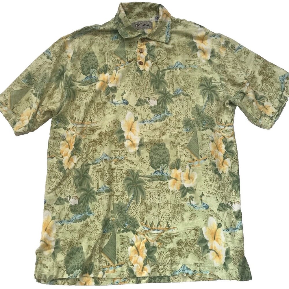 Vintage Hawaiian Polo Shirt Mens X-Large Soft Cotton All Over Print Aloha Surfer